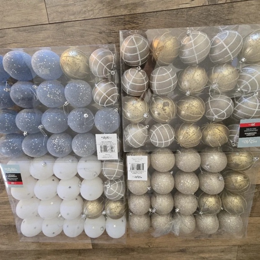 Tree ornaments total of 80  blue  white  gold